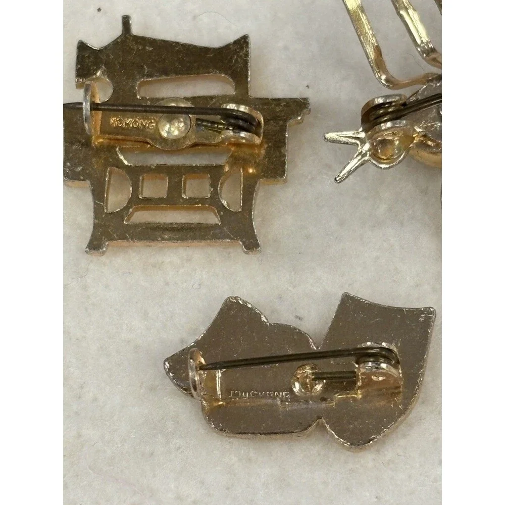 Vintage Hong Kong Brooch Lot Spider Sewing Machine Theater Masks Figural Pins